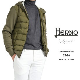 【SALE】 ヘルノ HERNO 23-24AW さらにお値下げ！ RESORT リゾート ハイブリッドパーカー フーディー ダウンブルゾン 秋冬 春 3シーズン メンズ ライトアウター ウール ジャージー 異素材コンビ カーキ イタリア ブランド