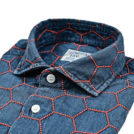 【P20倍】 オリアン ORIAN DENIM DIVISION デニムディヴィジョン デニムシャツ ドレスシャツ ホリゾンタルカラー 長袖 メンズ Slim Fit スリムフィット コットン 100% ハニカム刺繍 インディゴブルー イタリア ブランド