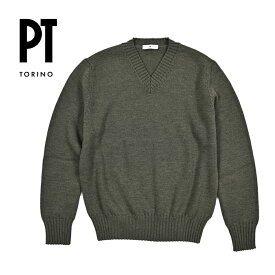 【クリアランス】【半額以下】 ピーティートリノ PT TORINO ニットセーター Vネック ミドルゲージ 長袖 秋冬 メンズ ウール 100% カーキグリーン イタリア ブランド PT01 MADE IN ITALY