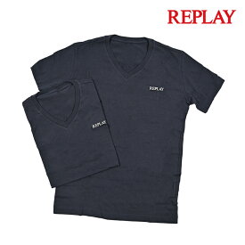 【SUMMER SALE】【半額以下】 リプレイ REPLAY TWOPACK T-SHIRT Tシャツ カットソー 半袖 Vネック 2枚セット 春夏 メンズ REGULAR FIT レギュラーフィット コットン 100% ワンポイントロゴ ネイビー イタリア ブランド