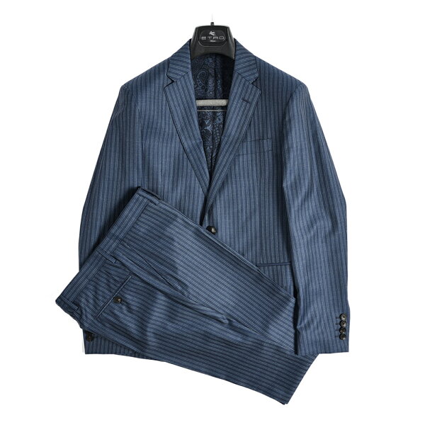 【スーパーSALE】【半額以下】  エトロ ETRO  SLIM FIT  テーラード スーツ 2Bシングル ノータック  春夏 3シーズン メンズ  ウール 100% ストライプ ネイビー  サイズ M 2XL 3XL 5XL 相当