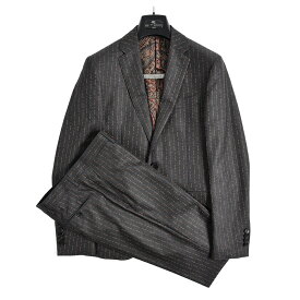 【半額以下】 エトロ ETRO テーラード スーツ 2Bシングル ノータック 春夏 秋 3シーズン メンズ ウール 100% レタリング ストライプ ダーク グレー サイズ XS S L 相当