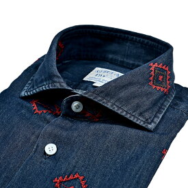 【サマーSALE】【半額以下】 オリアン ORIAN DENIM DIVISION デニムディヴィジョン デニムシャツ ドレスシャツ ホリゾンタルカラー 長袖 メンズ Slim Fit スリムフィット コットン 100% チマヨ柄 刺繍 インディゴ イタリア ブランド