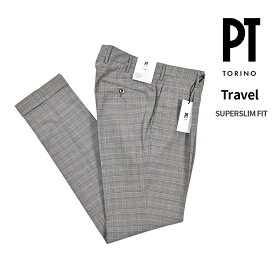 【クリアランス】【半額以下】 ピーティートリノ PT TORINO Travel トラベル SUPERSLIM FIT スーパースリムフィット スラックス ワンタック パンツ 春夏 メンズ ウール ストレッチ グレンチェック グレー イタリア ブランド PT01