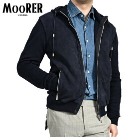 【SALE】 ムーレー MOORER FRANS-URM 異素材コンビ ジップジップアップブルゾン レザー×ニット フーディージャケット 春 秋 3シーズン メンズ ライトアウター ラムレザー スエード ネイビー イタリア ブランド MADE IN ITALY