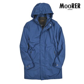 【クーポンで半額】 ムーレー MOORER PETRARCA-GF フード付き スタンドカラーコート レインコート フライフロント 春夏 秋 3シーズン メンズ ライトアウター ACQUA PROOF 防水透湿 ポリエステル 100% ブルー イタリア ブランド MADE IN ITALY