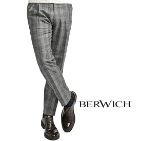 【新春初売り】【半額以下】 ベルウィッチ BERWICH BARBER LONG 2P バーバー スラックス ツータック 2プリーツ パンツ 秋冬 メンズ ヴァージンウール 100% グレンチェック グレー イタリア ブランド MADE IN ITALY