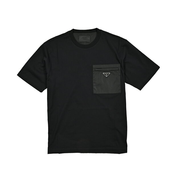 【スーパーSALE】  プラダ PRADA  【2026年 春夏新作】  ジャージー Tシャツ クルーネック カットソー オールシーズン メンズ  胸ポケット トライアングルロゴ 異素材コンビ コットン ナイロン ブラック  イタリア ブランド