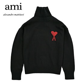 【スーパーSALE】 アミ パリス AMI PARIS タートルネック ニットセーター ミドルゲージ 長袖 秋冬 メンズ ヴァージンウール 100% ワンポイント ビッグロゴ ブラック 黒 フランス ブランド