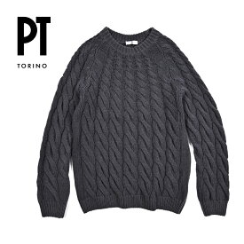 【秋冬先行セール】 ピーティートリノ PT TORINO カシミヤ混 ニットセーター クルーネック ケーブル編み ローゲージ 長袖 秋冬 メンズ ヴァージンウール カシミヤ ブルーグレー イタリア ブランド MADE IN ITALY