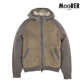 【SALE】【30％OFF】 ムーレー MOORER DARAN-MAM レザージャケット 異素材コンビ フーディーブルゾン 秋冬 メンズ アウター シープスキンレザー ムートン ダウン ヴァージンウール ストレッチナイロン グレージュ イタリア ブランド MADE IN ITALY