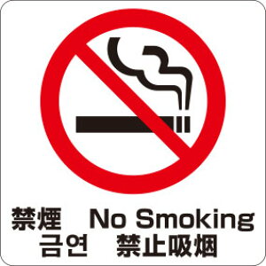 【禁煙】【日本語 英語 韓国語 中国語 四か国語】 ピクト 粘着シール 角丸ステッカー 約W200mmxH200mm