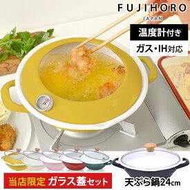 【当店限定色マスタード】富士ホーロー 天ぷら鍋 ガラス蓋付き セット ホーロー 揚げ物 鍋 ih対応 温度計付き 24cm フタ付き 蓋付き てんぷら鍋 揚げ鍋 ホーロー鍋 琺瑯 ハニーウェア クリスマス プレゼント ギフト [公式認定ショップ]