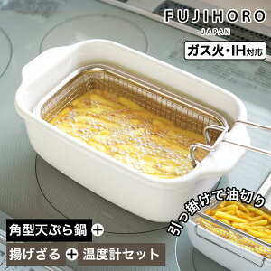 富士ホーロー 角型天ぷら鍋 フライヤーバスケット付き 揚げざる セット 天ぷら鍋 角型 ホーロー 温度計付き 少ない油 揚げ物 ih IH 四角い天ぷら鍋 ミニ スクエア フライヤー かご 揚げ物鍋