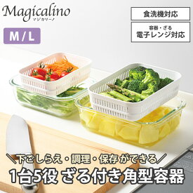 耐熱ガラス 角型容器セット M L 保存容器 電子レンジ ざる ザル 蓋 フタ付き ふた付き 温野菜 時短 湯切り 野菜 水切り オーブン レンジ調理器 蒸し料理 下ごしらえ 保存 電子レンジ対応 食洗機対応 マジカリーノ 和平フレイズ