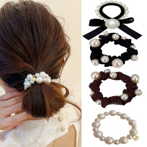HAPVITAL シュシュ シフォン シュシュ おしゃれ 大人 ヘアロープ 大きめ 無地 ヘアゴム 大人 髪飾り 特大 ヘアアクセサリー エレガント サテン シンプル (パール4点セット)