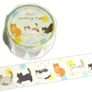 クリアマスキングテープ 猫と水玉 20mm幅 3m巻 マスキングテープ マステ 透明 クリア ネコ ねこ 猫 猫文具 シール テープ 水玉 淡い色 足跡 プレゼント ギフト デコレーション 手帳 ノート ラッ