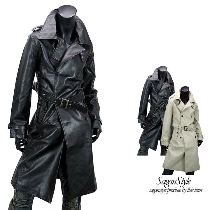 楽天市場】PUレザーロング丈トレンチコート メンズ レザーコート  
