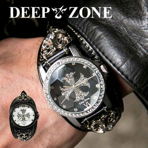 数多くのジルコニアが埋め込まれたクロスデザインフェイス！ 腕時計 ブレスウォッチ メンズ カジュアル ビジネス ジルコニアクロス パイソンレザー スネークレザー 蛇 DEEP ZONE