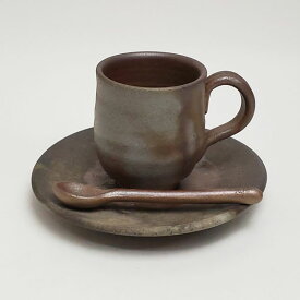 備前焼 珈琲セット（桟切)スプーン付| おしゃれ 日本製 工芸品 和食器 陶器 コーヒーセット コーヒーカップ 珈琲碗皿 父の日 母の日 プレゼント ギフト 岡山県