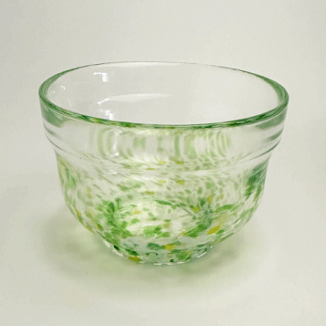 b349 【新品・未使用】平茶碗 ガラス 青楓 （耐熱）八木海峰 紙箱 茶道具 b349 【新品・未使用】平茶碗 ガラス 青楓 （耐熱）八木海峰