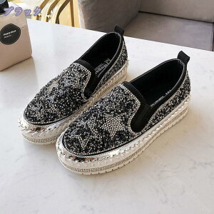 500円OFFクーポン スリッポン スニーカー レディース 厚底 キラキラ ラインストーン 黒 白 大きいサイズ カジュアル フラットシューズ ペタンコ おしゃれ 可愛い 厚底スリッポン サイズゴム