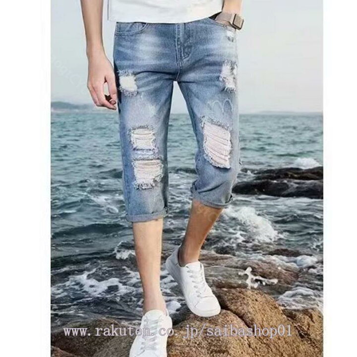 楽天市場】1000円OFFクーポン デニム ハーフパンツ 膝下丈 ダメージ 