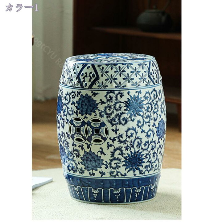 楽天市場】2000円OFFクーポン 青白花陶器スツール 花台 椅子 置物 