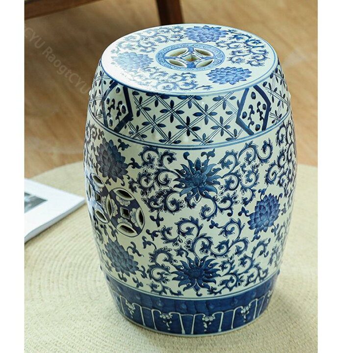 楽天市場】2000円OFFクーポン 青白花陶器スツール 花台 椅子 置物 