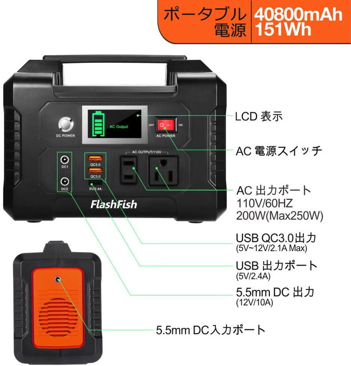 楽天市場】FlashFish ポータブル電源 大容量 小型発電機 40800mAh 