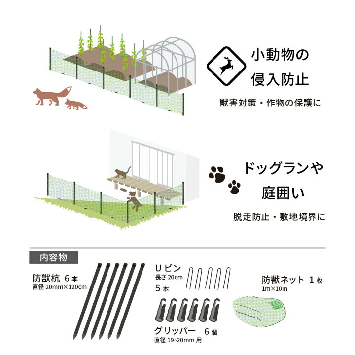 楽天市場 Daim 動物よけネット設置セット 90cm 10m ドッグラン 柵 フェンス ネット 動物除け 獣よけ 獣除け 犬 動物 忌避 除け 避け よけ 猫 小動物 防獣 害獣 対策 侵入禁止 畑 庭 農業 メーカー直販 第一ビニール 株