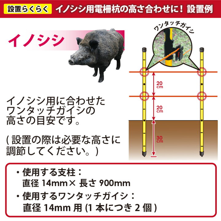 楽天市場】daim イノシシ用ガイシ2個付電柵杭 直径14mm×900mm 家庭菜園 