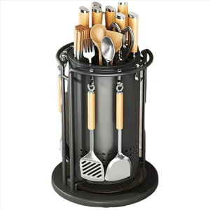 360度回転式キッチン包丁立て フック付き収納ラック 省スペース設計 おしゃれなデザイン 防錆 簡単お手入れ 食器 調理器具対応