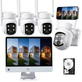 YESKAMOO 5MP・360°首振り自動追尾 防犯カメラ 屋外 ワイヤレス 12インチ一体型IPS防犯モニターとカメラ4台セット 10台まで増設 4台ワイヤレス防犯カメラセット 360°監視カバー