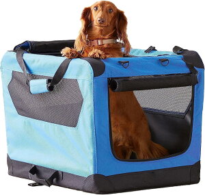 【AMAZONベーシック】ソフトクレート ケージ ペットキャリー ペットハウス ドライブボックス メッシュ加工 鉄骨 猫犬兼用 折りたたみ式 アウトドア 防災 洗濯可能 ブルー