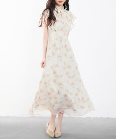 ワンピース レディース 花柄 ミモレ丈 ロング丈ウエストマーク Aライン シフォン素材 ハイウエスト切り替え フレンチスリーブ ティアード フリル襟 スタンドネック涼しい 薄手 きれいめ　大人 女の子 SAISON DE PAPILLON sdp0069b
