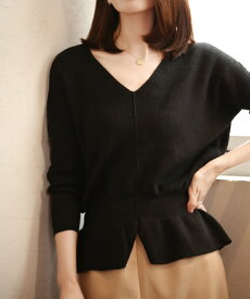 ニット セーター レディース リブニット ペプラム Vネック 長袖 トップス シンプル キレイめ プルオーバー 厚手 ドロップショルダー 無地 大きいサイズ 秋冬 S M L XL 20代 30代 40代 トップス