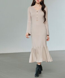 ワンピース レディース ニット ニットワンピース 長袖 マーメイドシルエット デシン素材 カーディガンネック ゴールドボタン 裾フレア 袖フレア ベルスリーブ 秋 冬 女の子 きれいめ SAISON DE PAPILLON sdp8082