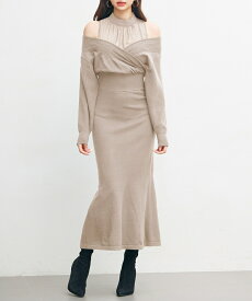 ワンピース レディース ニット ニットワンピース 長袖 マーメイドシルエット 胸元カシュクール 襟元ドッキング ハイウエスト 裾フレア やや厚手 温かい 秋 冬 大人フェミニン 女の子 きれいめ SAISON DE PAPILLON sdp8077