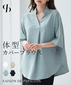 ＼30%OFFクーポン配布中／ブラウス レディース トップス ドルマンスリーブ シャツブラウス 薄手 半袖 Vネック 丈長 ゆったり 涼しい オーバーサイズ ラウンド裾 体型カバー 二の腕カバー ヒップカバー SAISON DE PAPILLON sdp0215