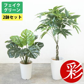 人工観葉植物 フェイクグリーン パキラ モンステラ 2鉢セット プラ鉢ロングポット 高さ90cm 高さ50cm おしゃれ インテリア 洗面所 玄関 オフィス 水やり不要の枯れない造花