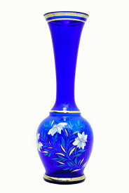 ボヘミアガラス　花器　紙箱付　青　花　【中古】　チェコスロバキア製　花瓶