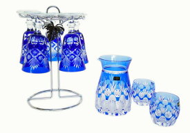 切子ガラスセット　HOYA　他　冷酒用　グラス5個セット　スタンド付　展示汚れあり　長期保管品　【中古】