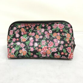 【中古】COACH コスメティック ケース ポジー クラスター フローラルプリント PVC ブラック ピンク F57597 [jgg]