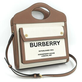 【中古】BURBERRY 2WAYハンドバッグ キャンバス レザー アイボリー ブラウン