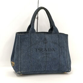 【中古】PRADA カナパ ハンドバッグ ロゴ ショルダー欠品 デニム ブルー