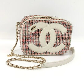 【中古】CHANEL チェーン ショルダーバッグ ロゴ ココマーク ツイード レッド系