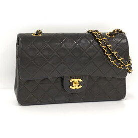 【中古】CHANEL マトラッセ25 Wチェーンショルダーバッグ Wフラップ ココマーク ラムスキン ブラック