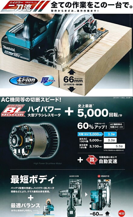 楽天市場】マキタ HS631DGXSB 18V充電式マルノコセット 165mm 黒 