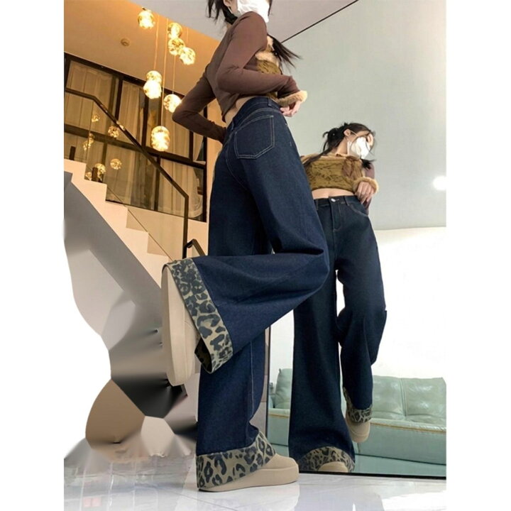 楽天市場】【レオパード柄切り替え】ワイドパンツ デニムパンツ 